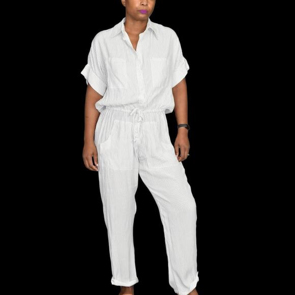 Faithfull the Brand Caprice Jumpsuit White Striped Gray Tie Waist Size Medium - Picture 1 of 14